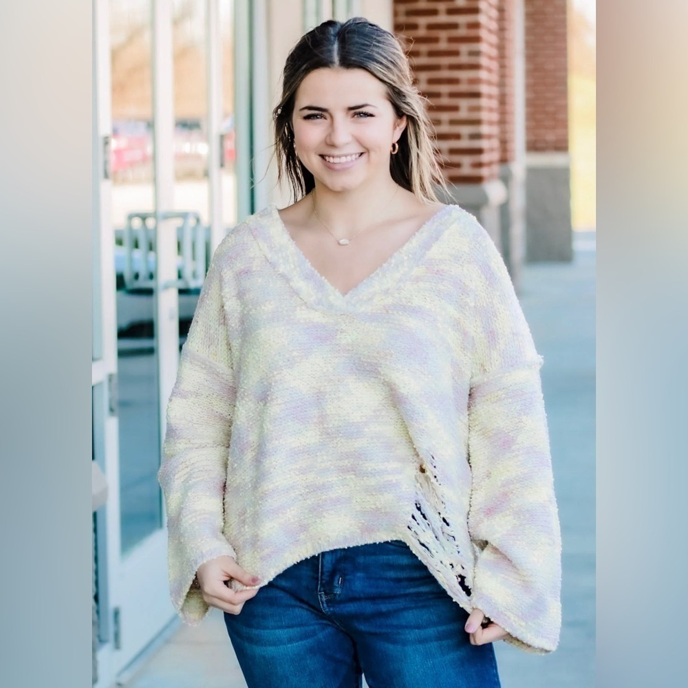 POL Chunky Knit V-Neck Oversized Distressed Sweater Size Large